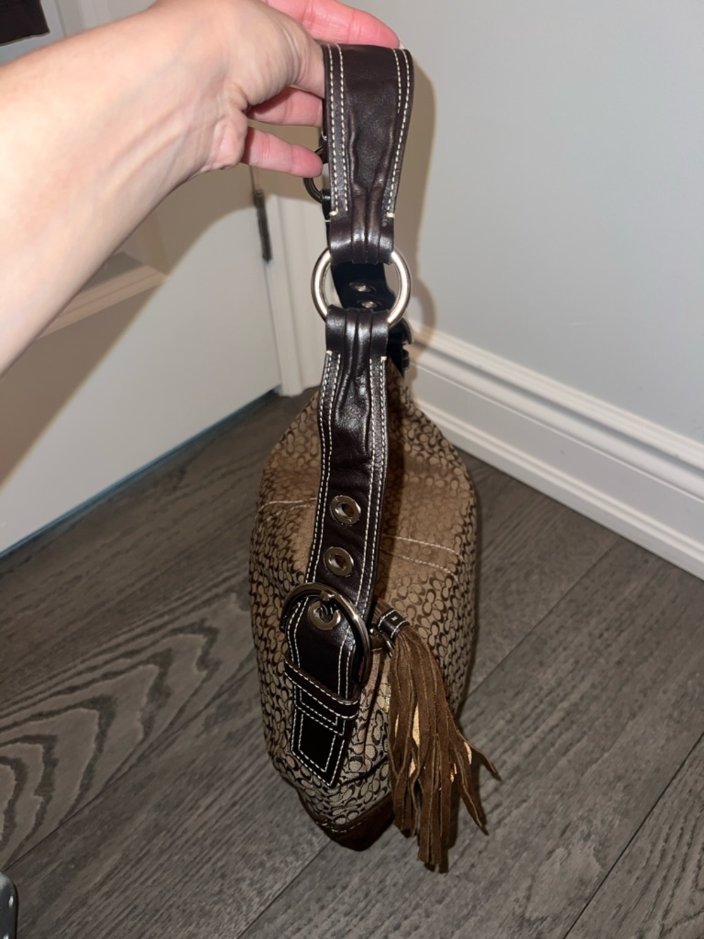 🧸 Vintage Coach Brown Signature Jacquard Shoulder Bag with Teddy Charm - Picture 9 of 12